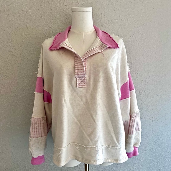 The Post Sweaters - The POST Patchwork Pink & Cream Rugby Pullover – Raw Hem – Size S